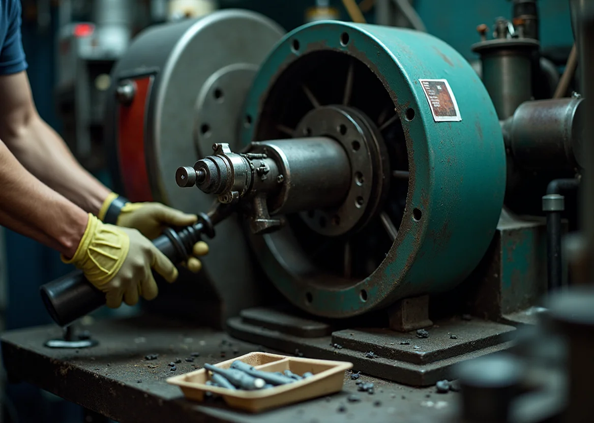 Mechanik wymienia zużyte noże na bębnie frezarki